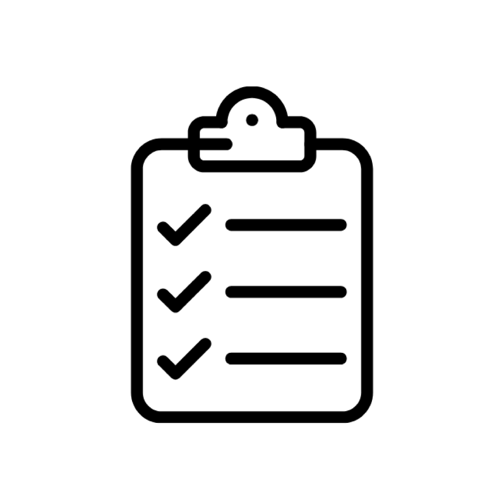 A simple black outline of a clipboard with three checkmarks indicating completed tasks.