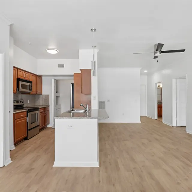 A spacious, modern apartment interior featuring an open floor plan with a kitchen and living area. The kitchen includes wooden cabinets, stainless steel appliances, and a breakfast bar. The living area is bright with a ceiling fan and light-colored wood flooring.