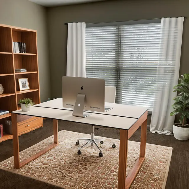A modern office space featuring a sleek desk with an iMac, a bookshelf filled with books, a plant in a white pot, and large windows with sheer curtains letting in natural light.