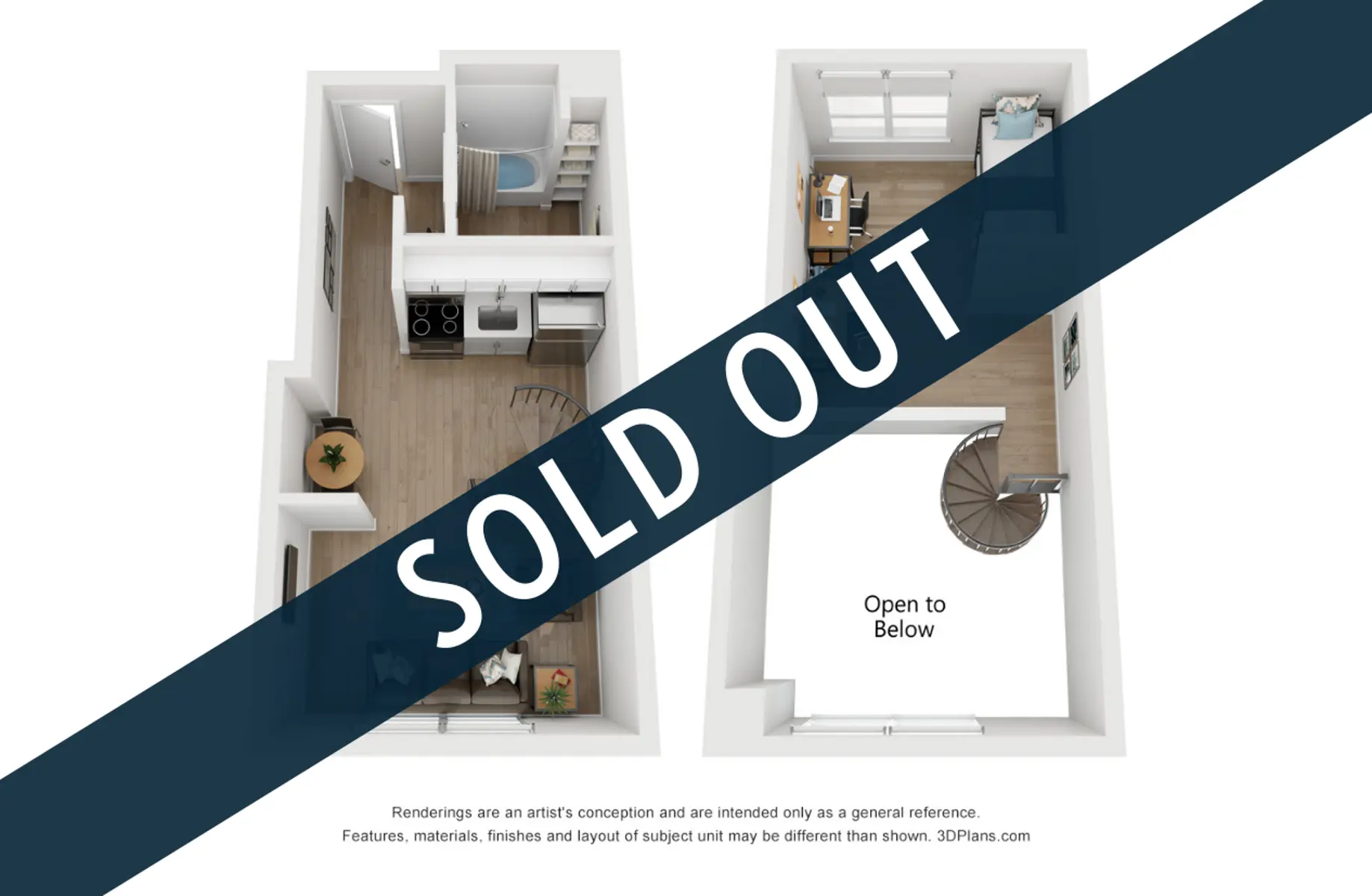 A 2D floor plan rendering showing a small apartment layout with a kitchen, living area, and stairs. A 'SOLD OUT' graphic overlay is prominently displayed.
