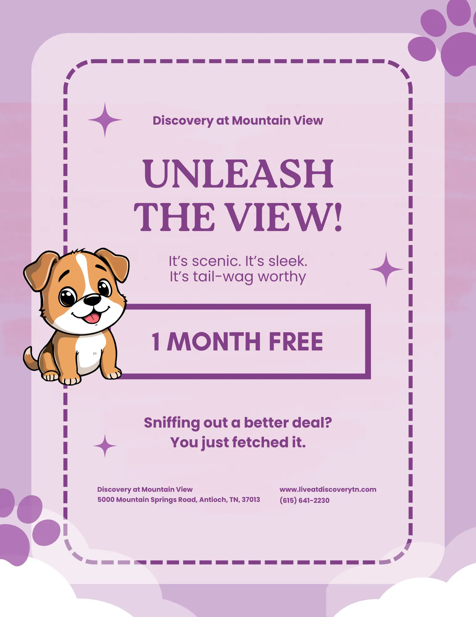 Promotional flyer for a residential community featuring a cartoon dog and a special offer.