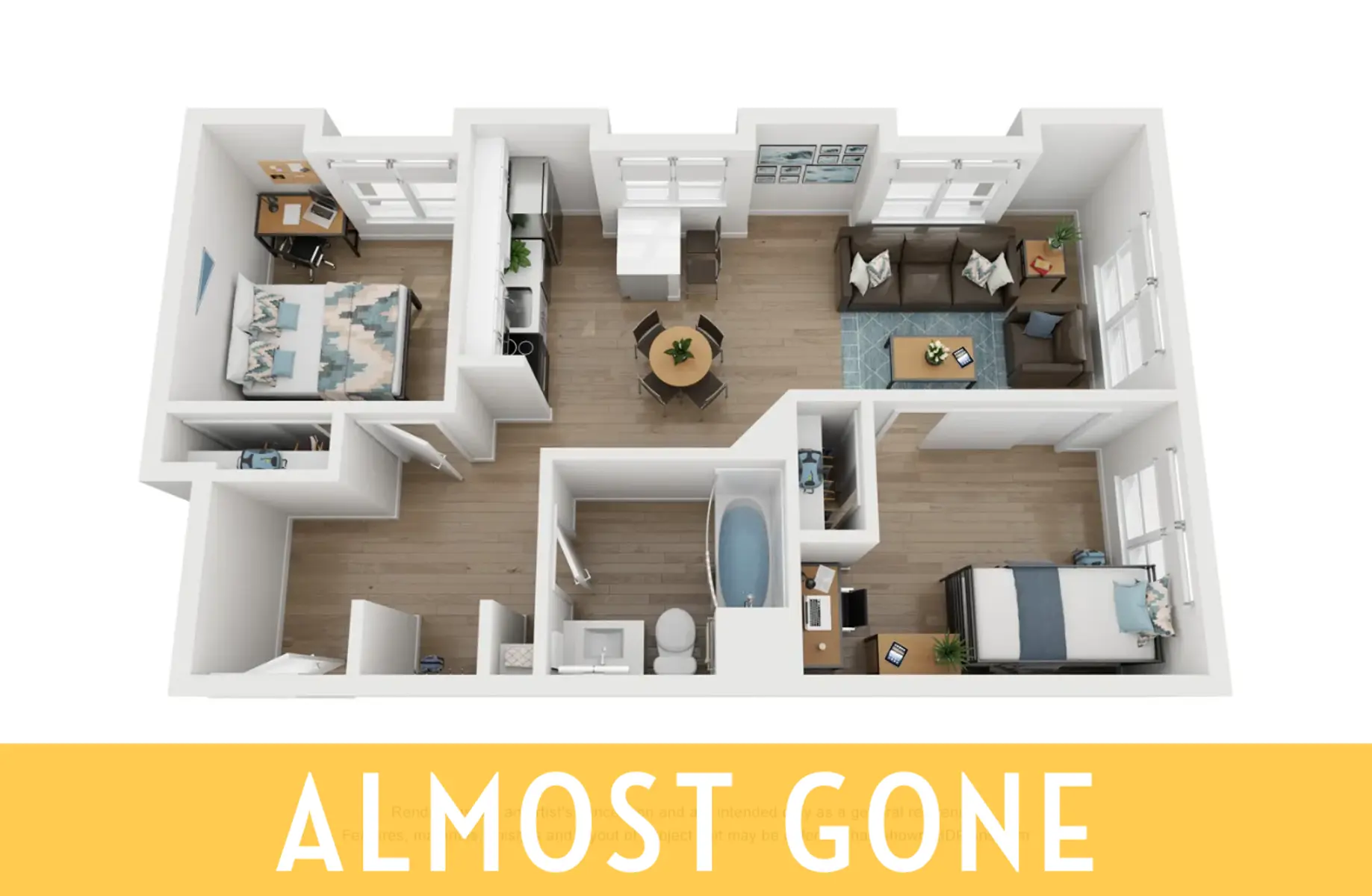 3D floor plan of an apartment featuring two bedrooms, a living area, kitchen, and bathroom.