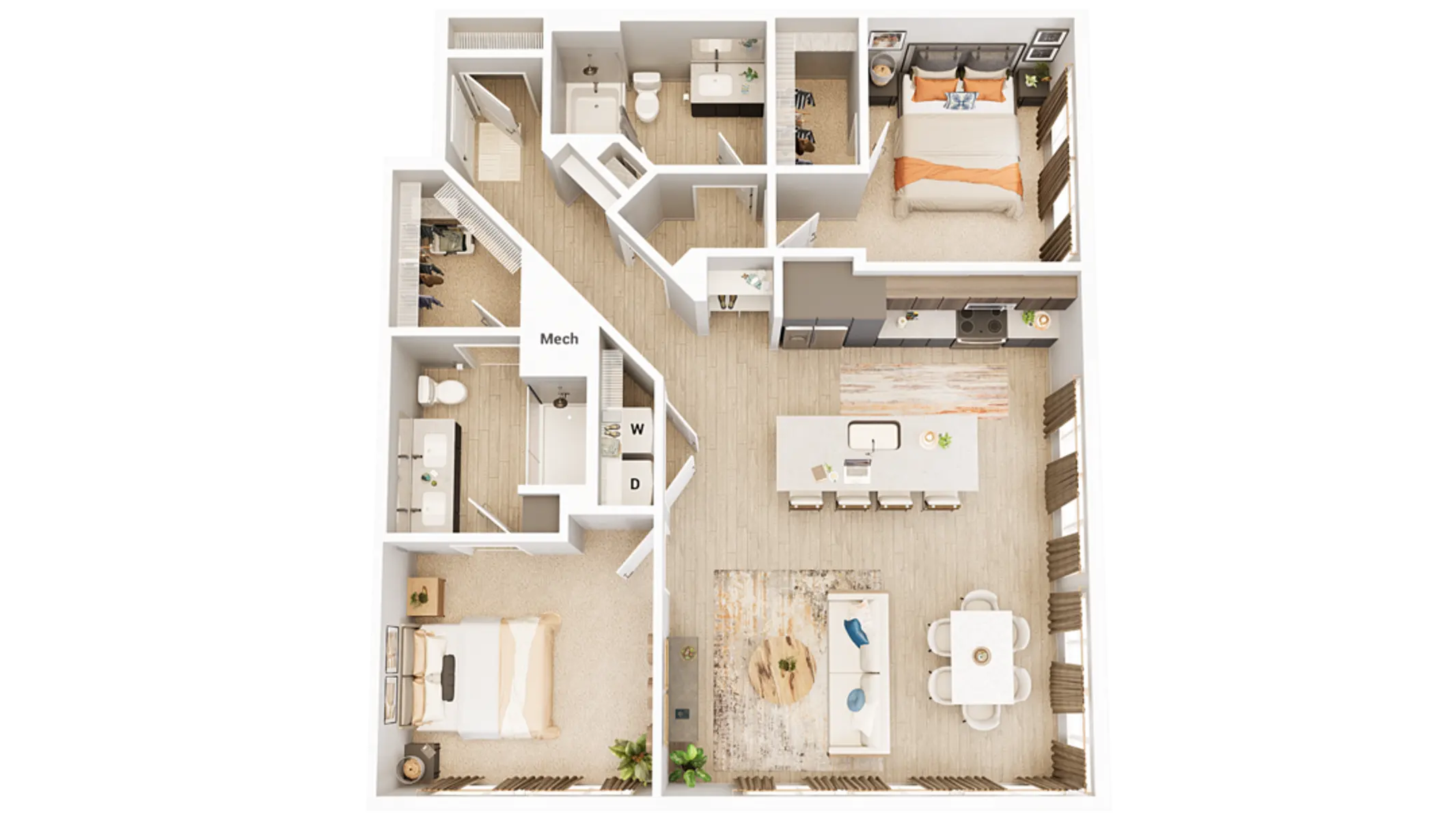 Two-Bedroom Apartment Floor Plan A top-down view of a floor plan for a two-bedroom apartment featuring a living area, dining space, and kitchen.
