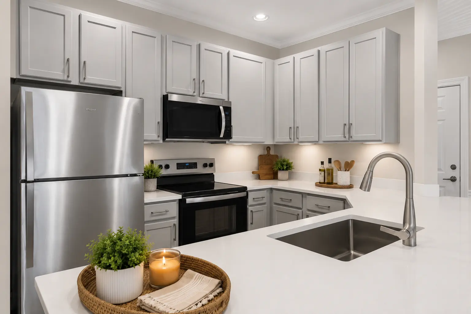 A modern kitchen featuring stainless steel appliances, gray cabinets, and a white countertop with a sink. A decorative basket with plants and a candle is on the counter.