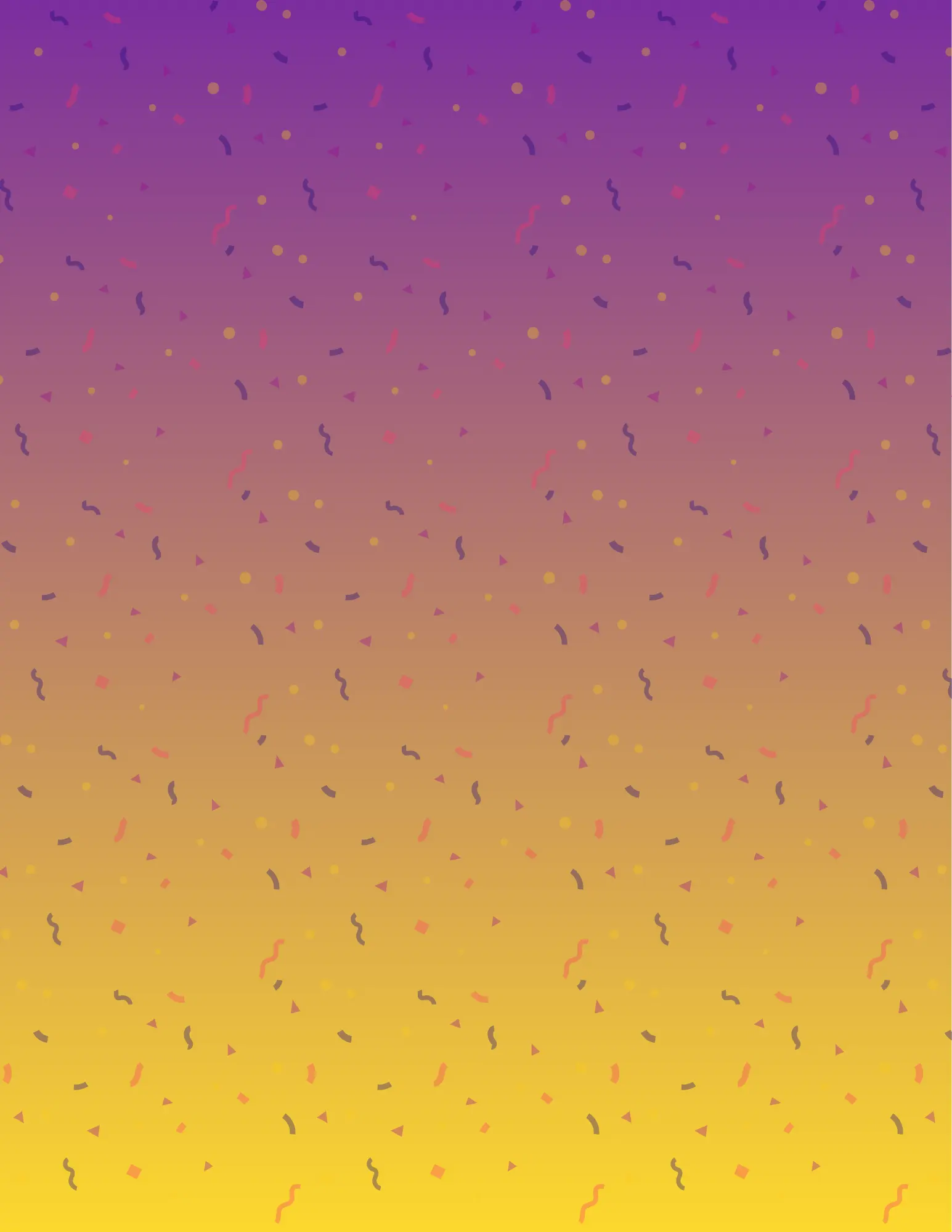 A gradient background transitioning from purple at the top to yellow at the bottom, decorated with small, colorful confetti-like shapes in various colors.