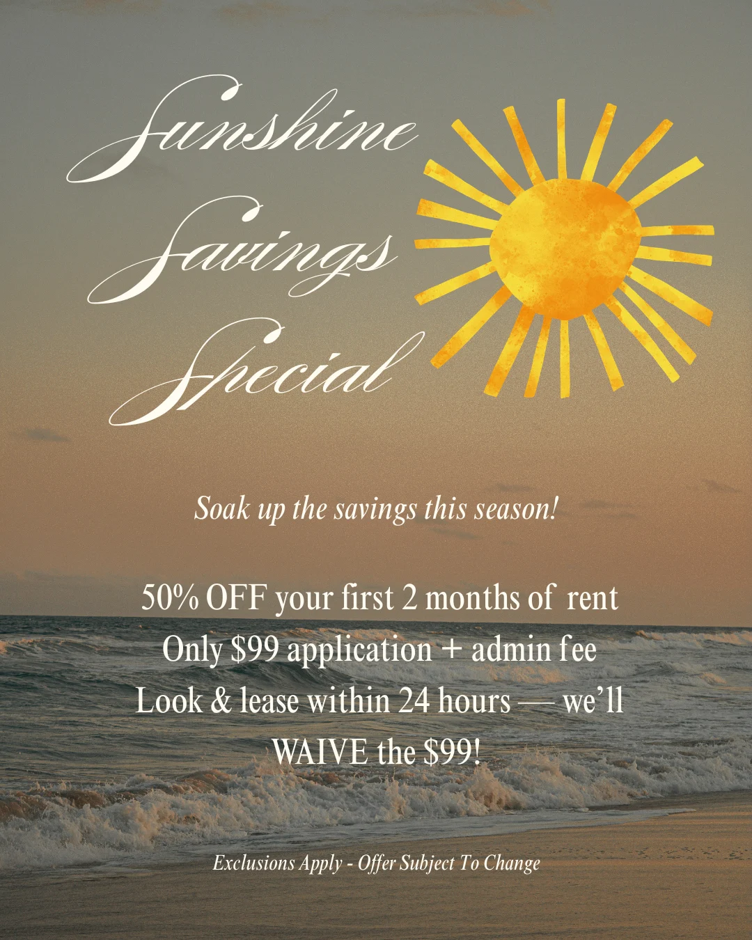 Sunshine Savings Special Promotion Promotional flyer for a savings event featuring a sun graphic, beach scene, and text with savings details.
