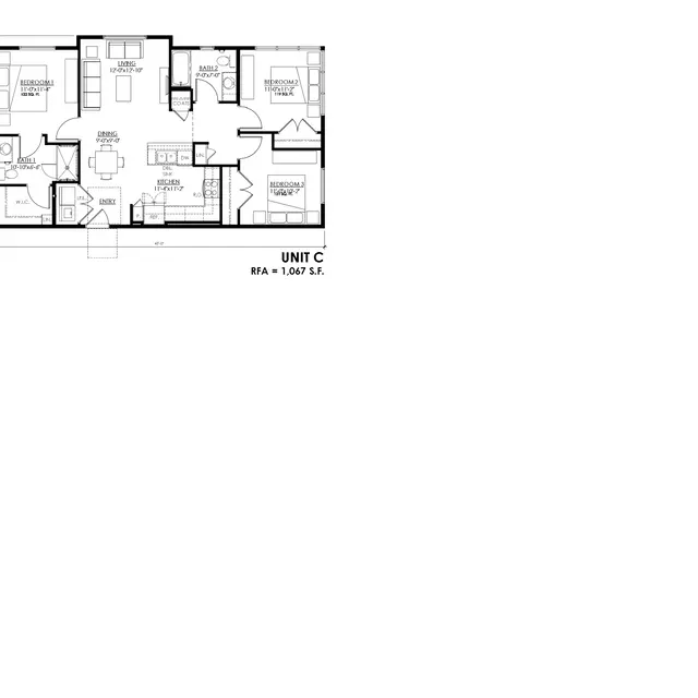 Floor Plan of Unit C Architectural floor plan of a layout labeled 'Unit C'. The plan includes rooms such as a living area, kitchen, dining space, and bedrooms, with dimensions indicated for each.