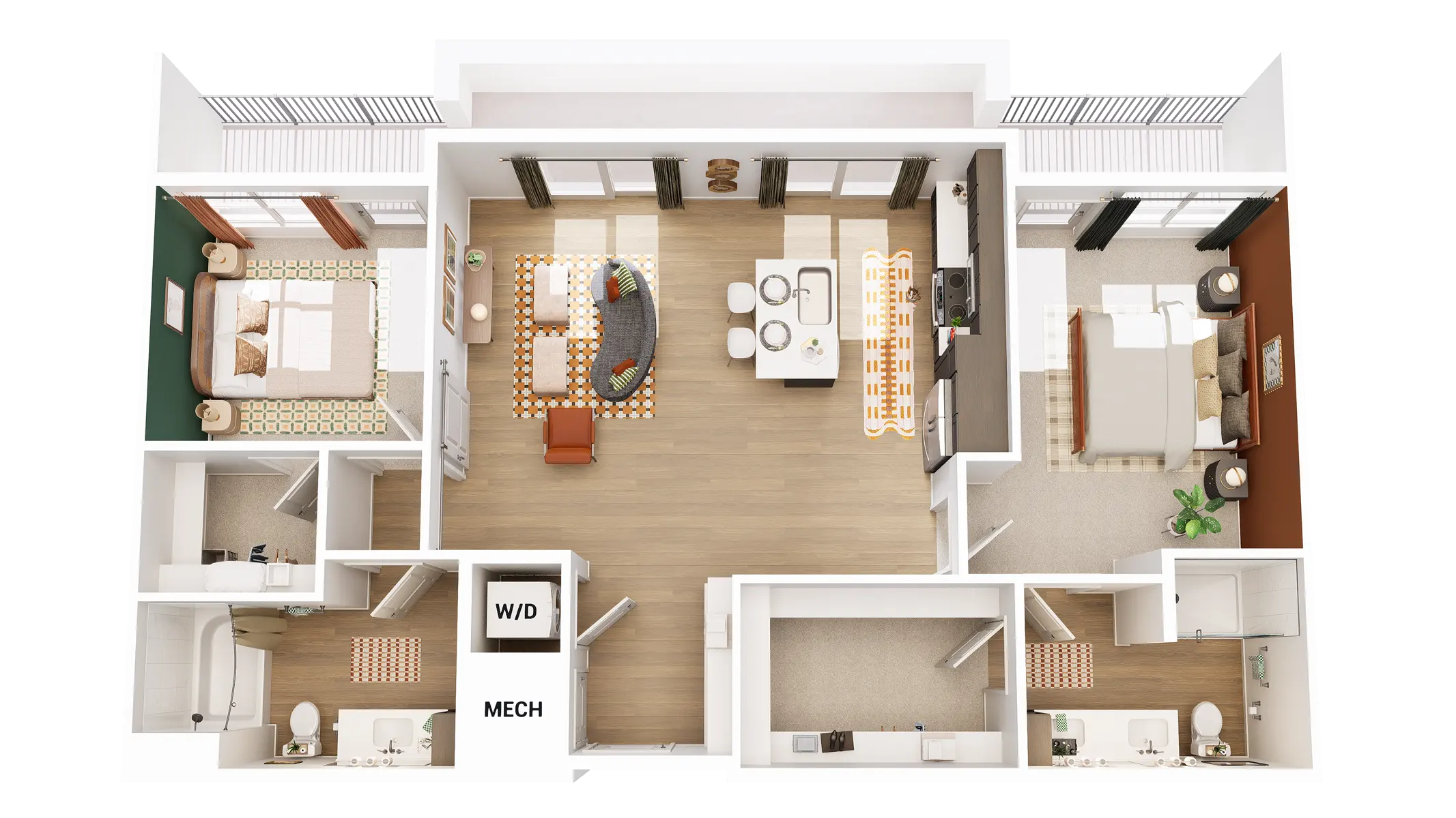 3D floor plan of an apartment layout featuring living room, dining area, kitchen, bedrooms, and bathrooms.