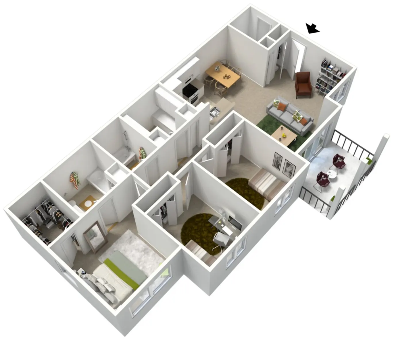 Modern Apartment Floor Plan An aerial view of a modern apartment floor plan with various rooms, including a living area, kitchen, and multiple bedrooms.