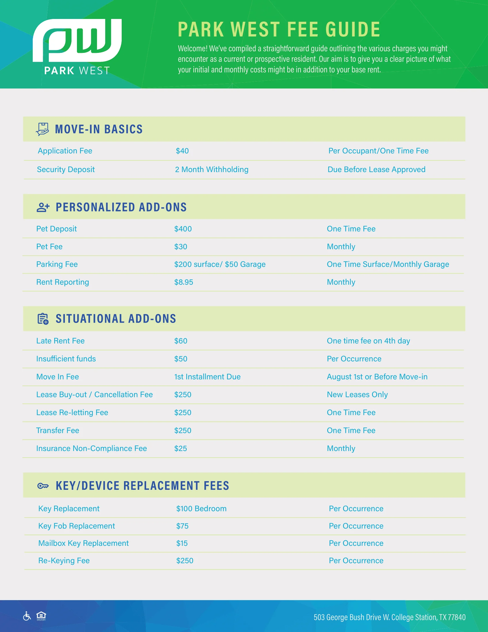 Fee guide for Park West outlining various charges for move-in basics, personalized add-ons, situational add-ons, and key/device replacement fees.