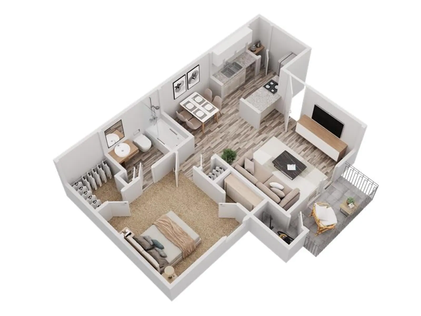 A modern apartment floor plan with a cozy living room, kitchen area, bathroom, and bedroom.