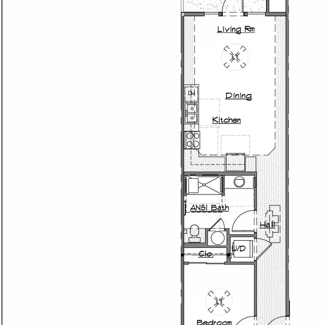 One Bedroom Apartment Floor Plan Floor plan of a one-bedroom apartment with a balcony, living room, dining area, kitchen, ANSI bath, bedroom, and closet space.