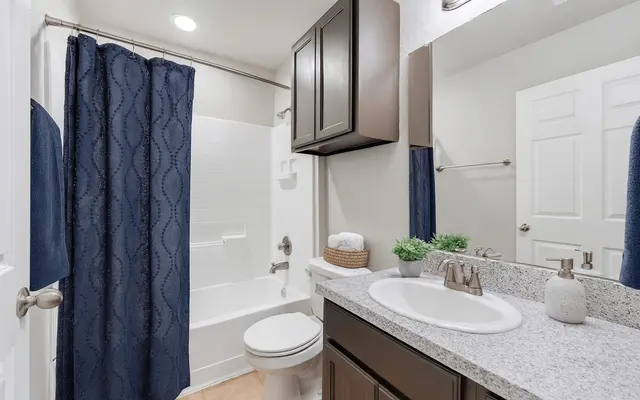 A well-lit bathroom featuring a bathtub with a shower curtain, a white sink with modern fixtures, and a mirror above the sink. The decor includes dark cabinetry, neutral walls, and decorative plants.