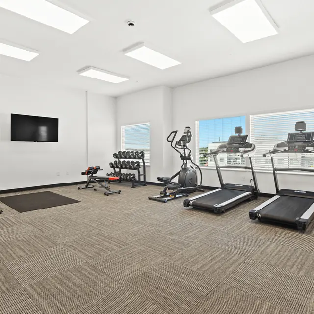 Interior of a modern gym featuring exercise equipment including treadmills, elliptical machine, and free weights.