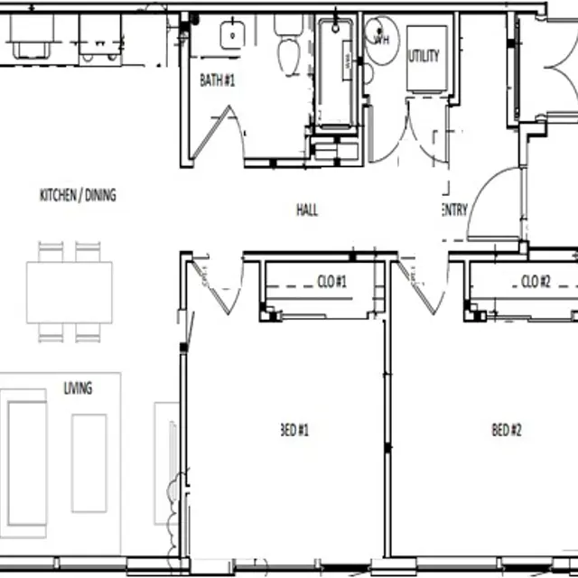 House Floor Plan Layout A detailed floor plan of a house showing the layout including kitchen/dining area, living room, two bedrooms, two closets, a bathroom, utility, and an entry hall.