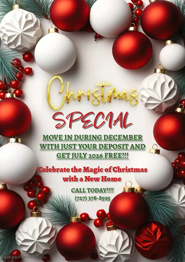 Promotional flyer for a Christmas special offering a free month of July 2026 rent with a deposit for December move-in.