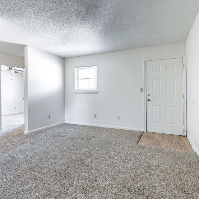 A spacious, empty room featuring light gray carpet flooring, a plain white wall, and a front door. There is a window and a doorway leading to another room in the background.