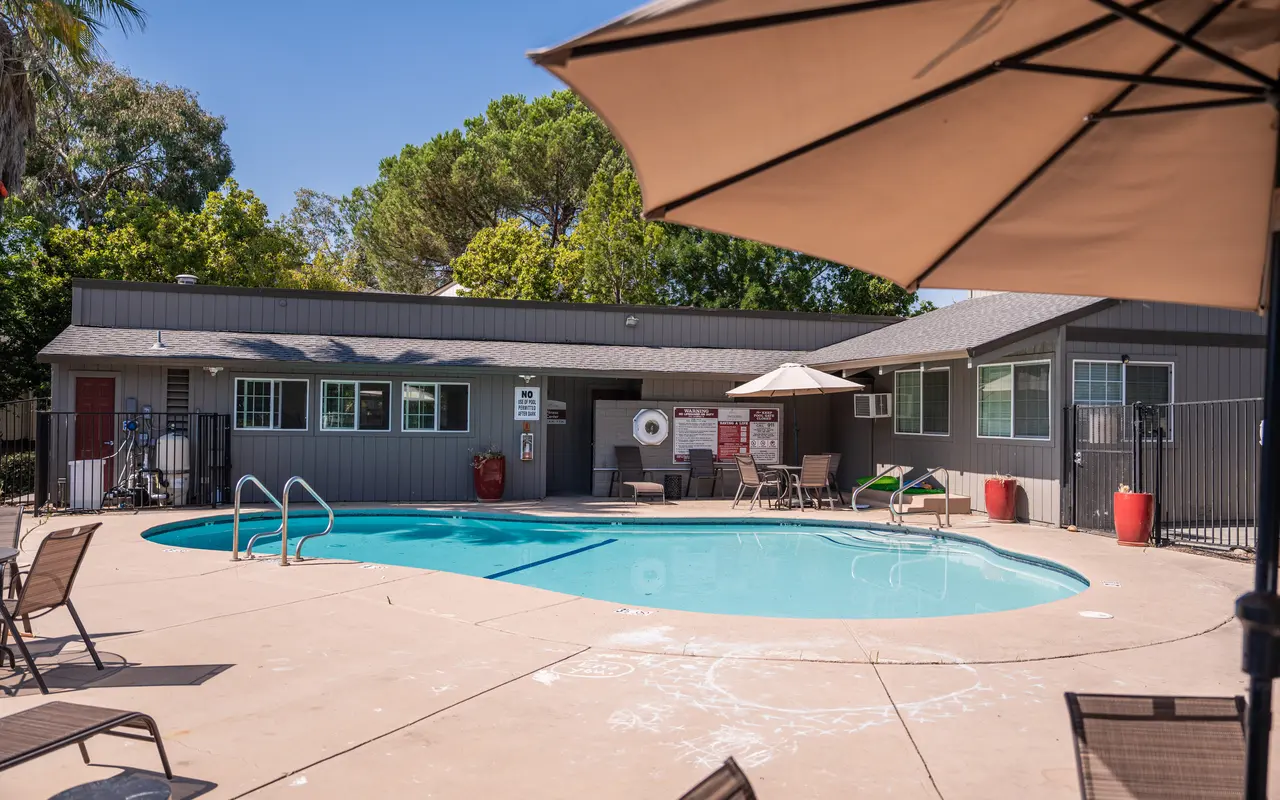 A well-maintained swimming pool surrounded by lounge chairs and umbrellas, next to a building with windows and doors.