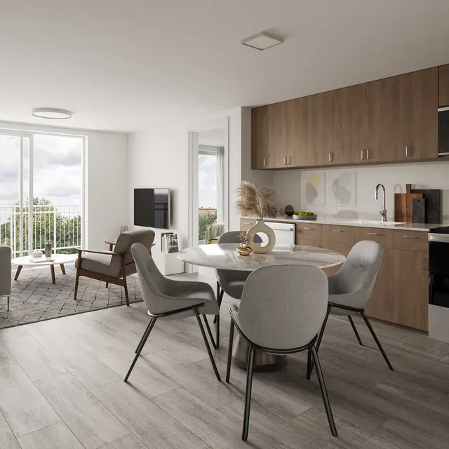 A modern apartment interior featuring a kitchen and dining area, with light wood cabinetry and a comfortable living space that includes a gray couch, dining table, and large windows allowing natural light.