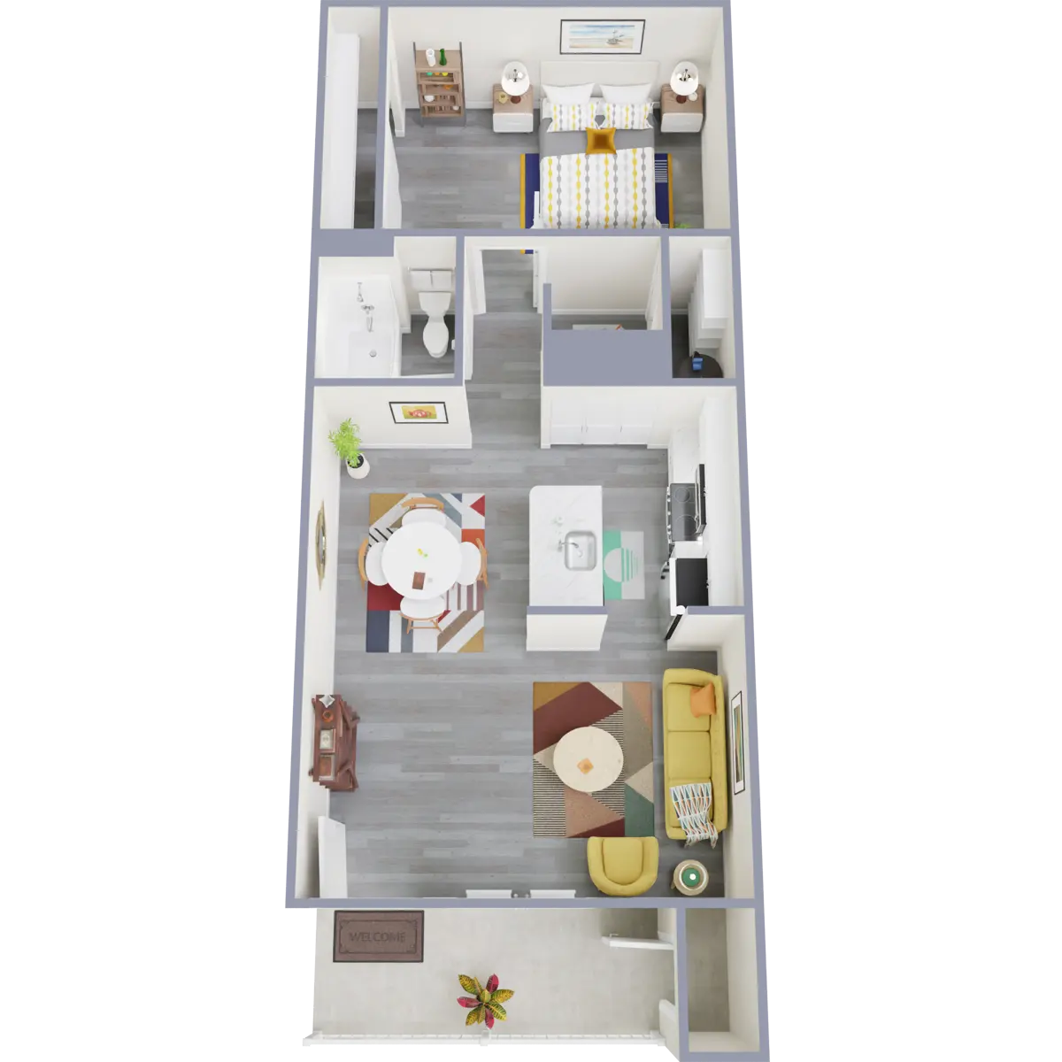 Apartment Floor Plan A top-down view of a modern apartment floor plan featuring two bedrooms, a living area, a dining space, a kitchen, and a bathroom.