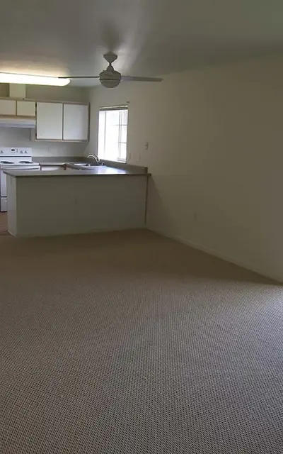 Spacious living room area with beige carpet, connecting to a kitchen in the background and a sliding glass door leading to a small balcony.