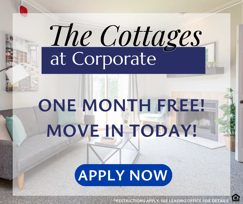 Promotional image for The Cottages at Corporate featuring a cozy living area with a couch and promotional text about one month free rent.