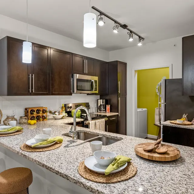 A modern kitchen featuring dark wooden cabinets, stainless steel appliances, and a granite countertop with plates and food arrangement. The kitchen has warm lighting and green accents on the wall.