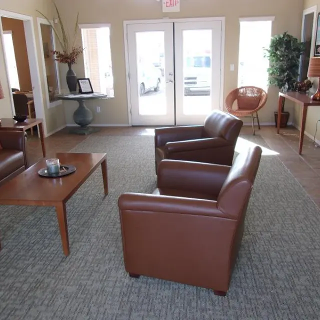 Cozy Modern Living Room A modern living room with a welcoming feel, featuring brown leather chairs, a coffee table, a couch with cushions, and large windows providing natural light. Decorative plants and lamps enhance the decor.