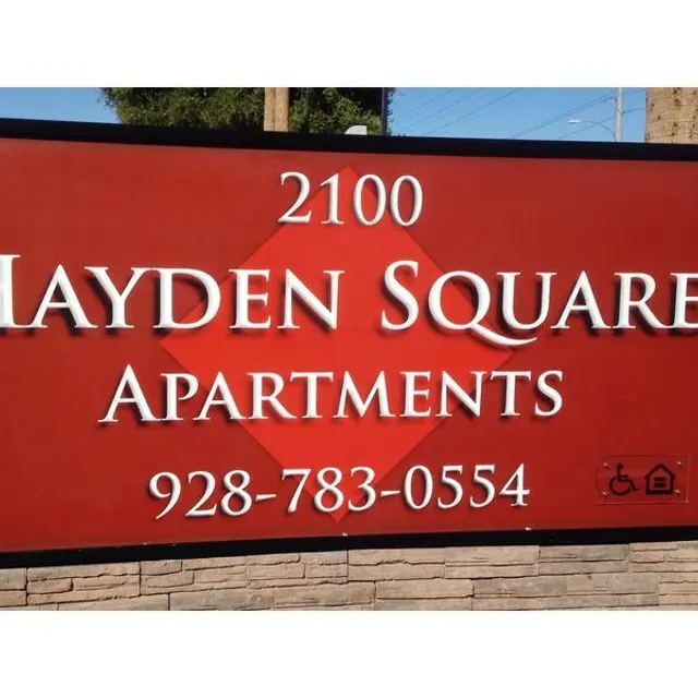 Hayden Square Apartments Sign Sign for Hayden Square Apartments displaying the address and contact number.