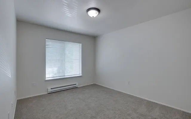 A vacant room with carpeted flooring, a window with blinds, and plain white walls. The ceiling has a light fixture, and there are no furniture or decorations present.