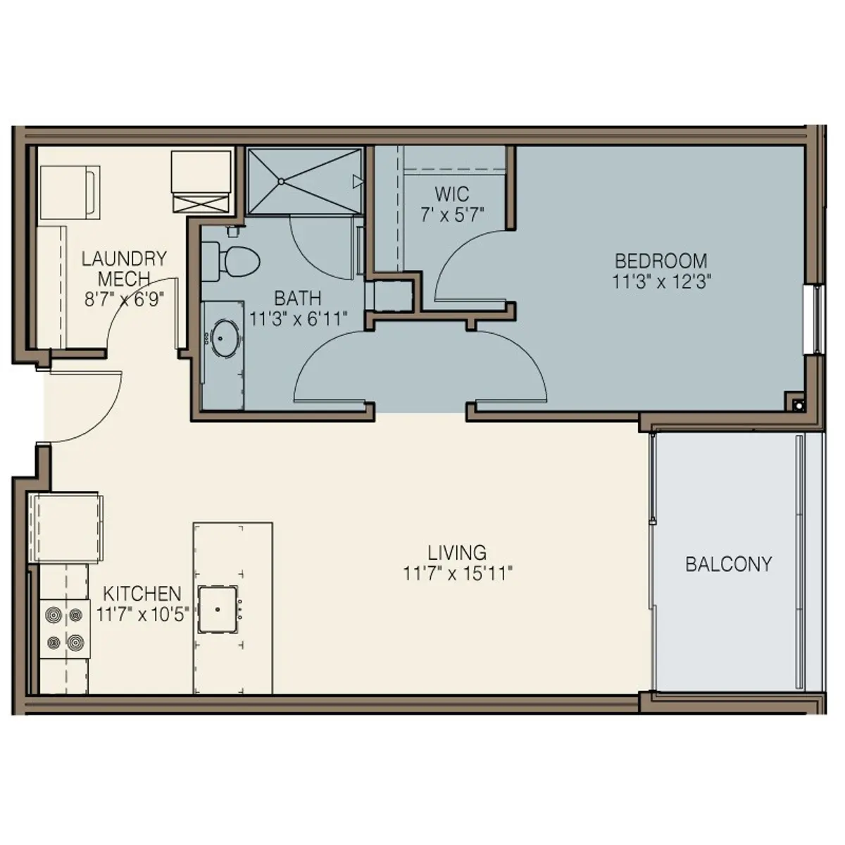 A detailed floor plan of a one-bedroom apartment, showing areas for laundry, bathroom, bedroom, living room, kitchen, and balcony with dimensions.