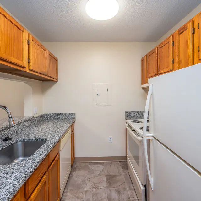 Compact Kitchen Design A small kitchen featuring wooden cabinets, a granite countertop, a sink, a white refrigerator, and a stove.