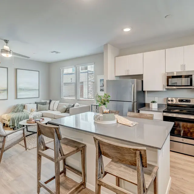 Modern open-concept kitchen and living area featuring stainless steel appliances, a cozy sofa, and stylish decor.