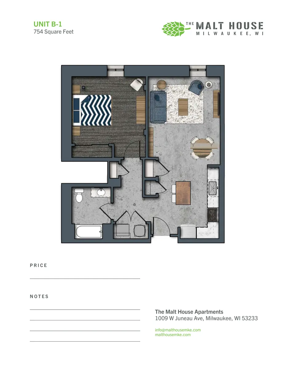Unit B-1 Floor Plan at The Malt House Apartments A floor plan layout of a one-bedroom apartment, labeled as Unit B-1, with dimensions of 754 square feet. The layout includes a bedroom, living area, kitchen, bathroom, and designated spaces for furniture, depicted in a simple and modern style.