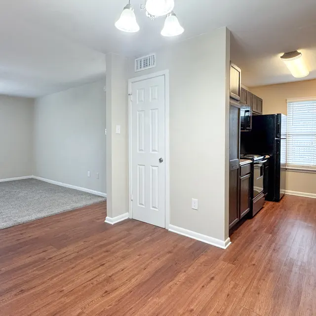 Interior view of a modern apartment showcasing a living area transitioning into a kitchen. The living area features a carpeted section, and there's an open entrance to a kitchen equipped with black appliances. The walls are painted light beige, and there are large windows allowing natural light.