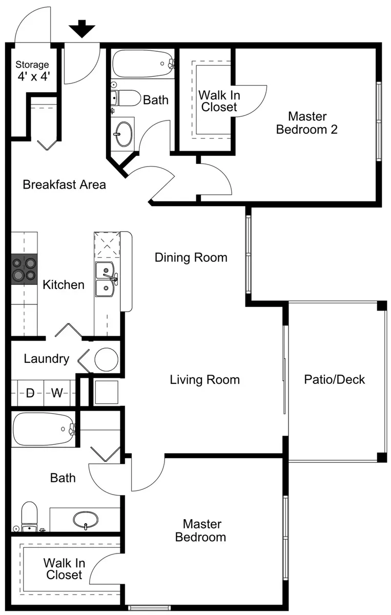 A floor plan layout of a house featuring labeled rooms including Master Bedroom, Master Bedroom 2, Bath, Kitchen, Laundry, Dining Room, Living Room, and a Patio/Deck.
