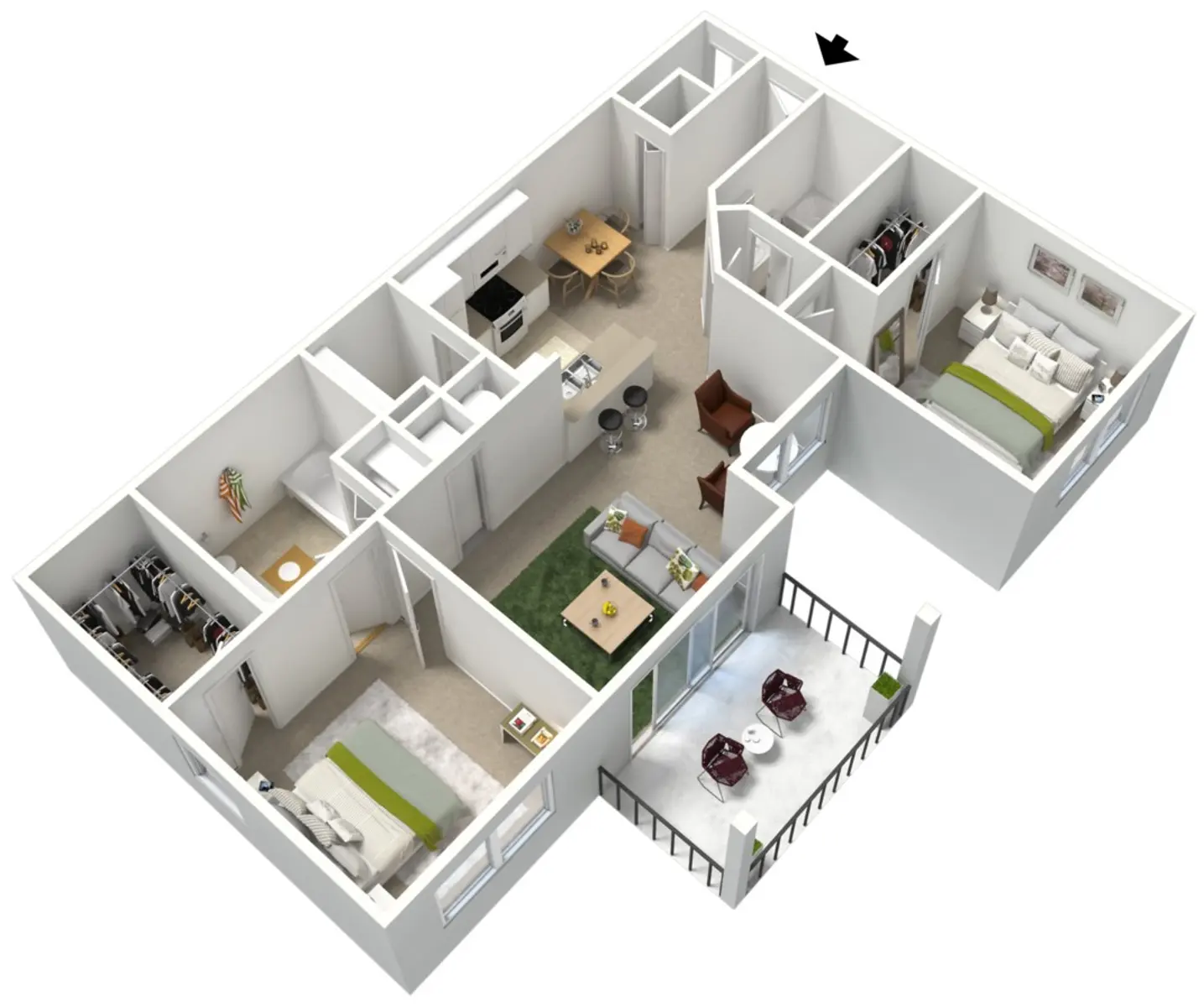 A detailed floor plan of an apartment featuring multiple rooms including a living area, kitchen, dining space, and bedrooms. The layout is modern with an open concept and clear designation for each area.