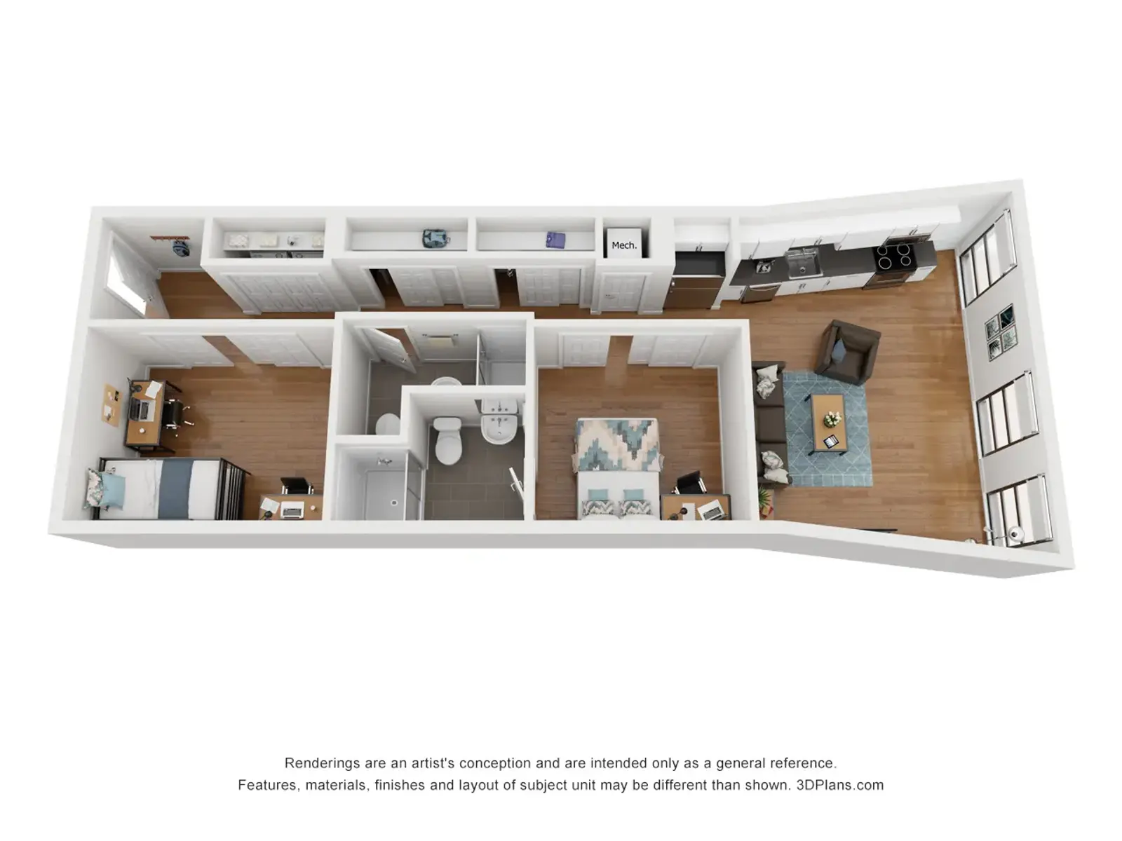 A 3D rendering of a modern floor plan layout featuring a living area, kitchen, bathroom, and two bedrooms. The layout is shown from a top-down perspective, highlighting the furniture arrangement and general design.