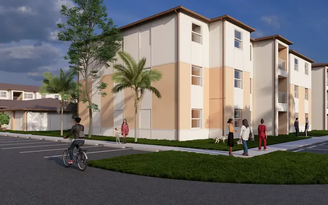 Modern Apartment Complex Rendering A rendering of a modern apartment complex featuring several three-story buildings with light-colored facades. In the foreground, a person on a bicycle rides past, while a small group of people walks on the sidewalk. Lush greenery and palm trees are visible around the buildings.