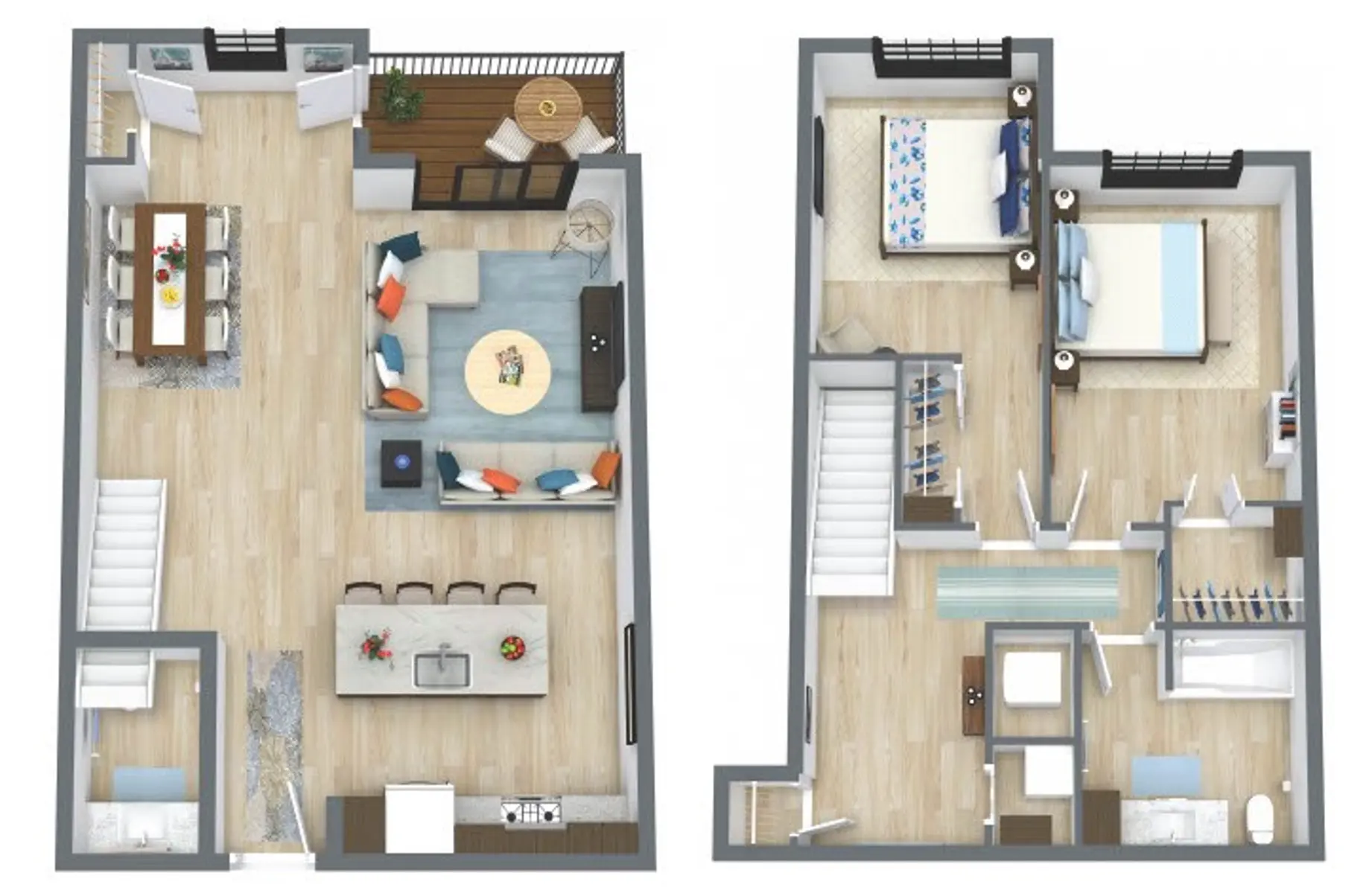 A two-story floor plan showing a layout for an apartment. The first floor includes a living area with a sofa and dining table, a kitchen, and stairs to the second floor. The second floor features two bedrooms and bathrooms.