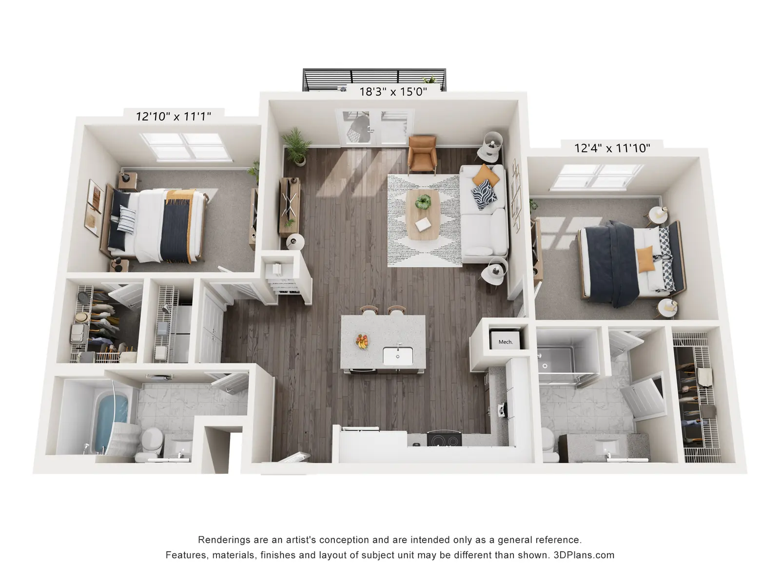 A 3D floor plan illustration of an apartment layout showing two bedrooms, a living room, a kitchen area, and labeled dimensions for each room.