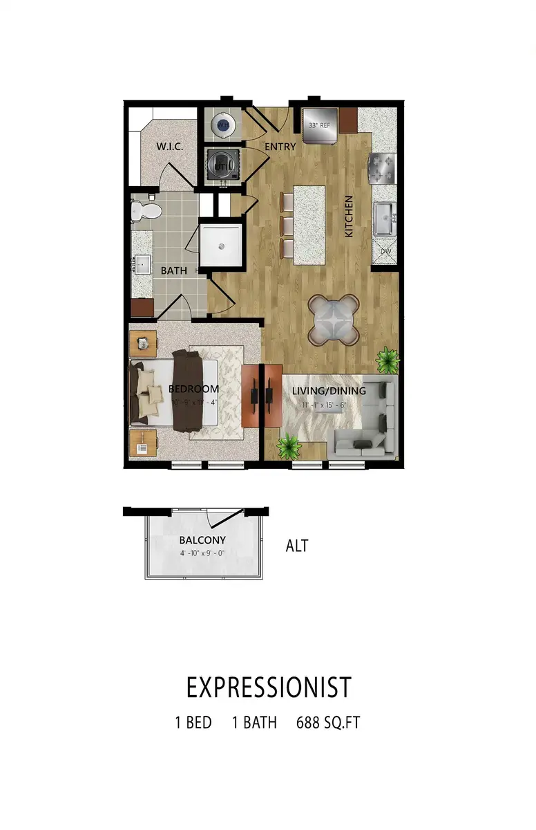 Expressionist Floor Plan An architectural floor plan labeled 'Expressionist' featuring a 1-bedroom, 1-bath layout with a living/dining area, kitchen, and a balcony.