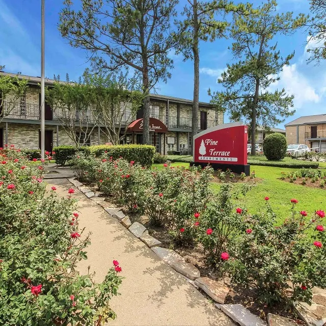 View of the Pine Terrace Apartments with a landscaped path and blooming rose bushes in the foreground.