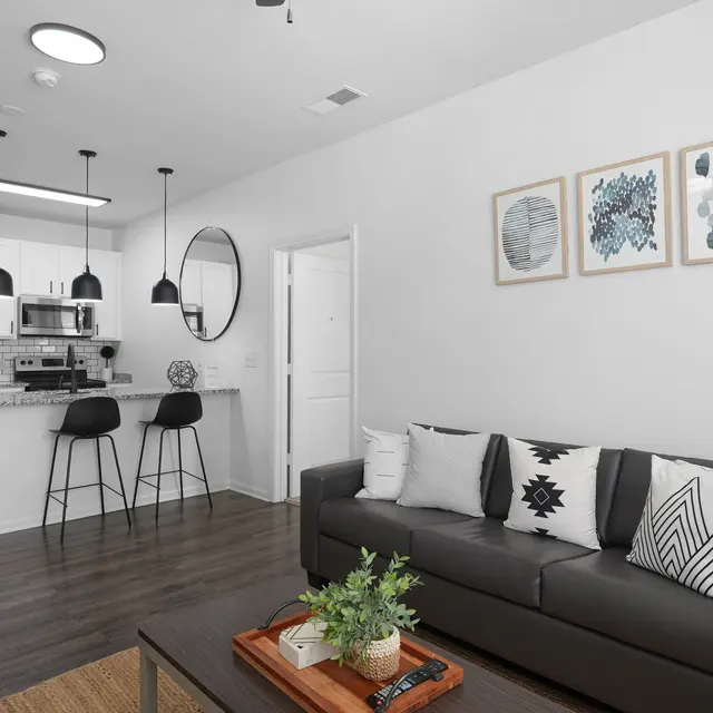 A modern living room featuring a dark sofa with decorative pillows, a coffee table with a plant and a tray, and an open kitchen in the background. The kitchen has stainless steel appliances and stylish bar stools. Decorative wall art is hanging above the sofa.