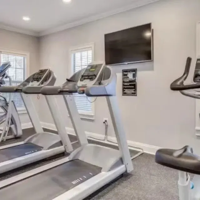 A spacious gym area featuring three treadmills and an elliptical machine, with a wall-mounted TV and large windows letting in natural light.