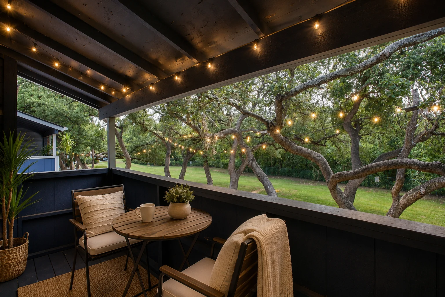 Cozy Balcony with String Lights A cozy balcony with a round table and two chairs, surrounded by greenery and string lights. A potted plant adds a touch of nature to the setting.