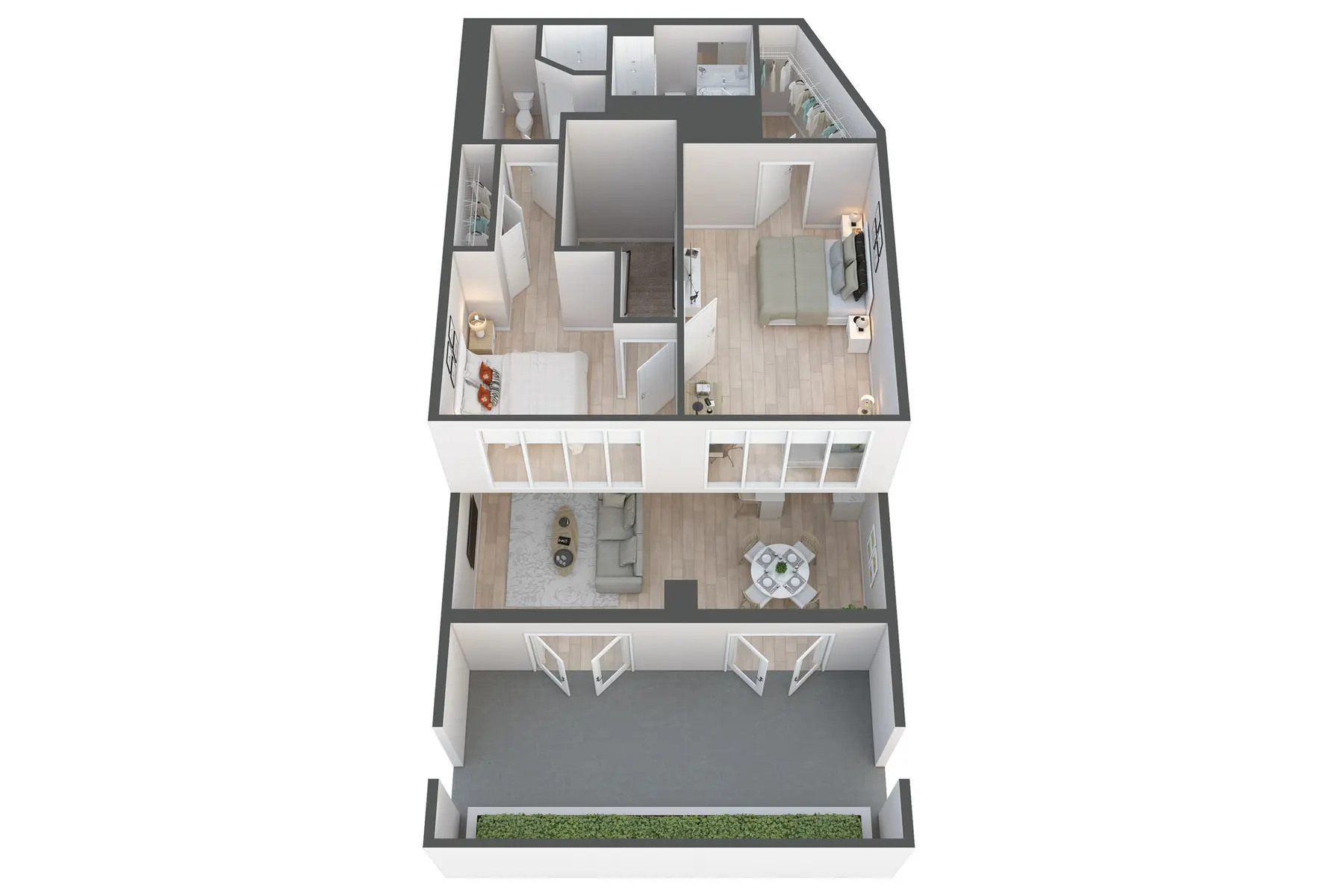 Modern Apartment Floor Plan A 3D rendering of a modern apartment floor plan showcasing living spaces, bedrooms, and outdoor terrace.
