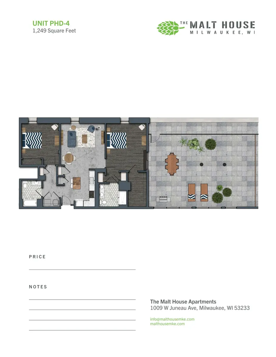 A floor plan of a 1,249 square feet apartment at The Malt House, featuring labeled living areas and a patio.
