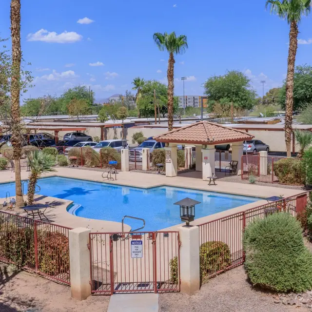 Community Pool Area A well-maintained community pool area with palm trees, lounge chairs, and a shaded gazebo.