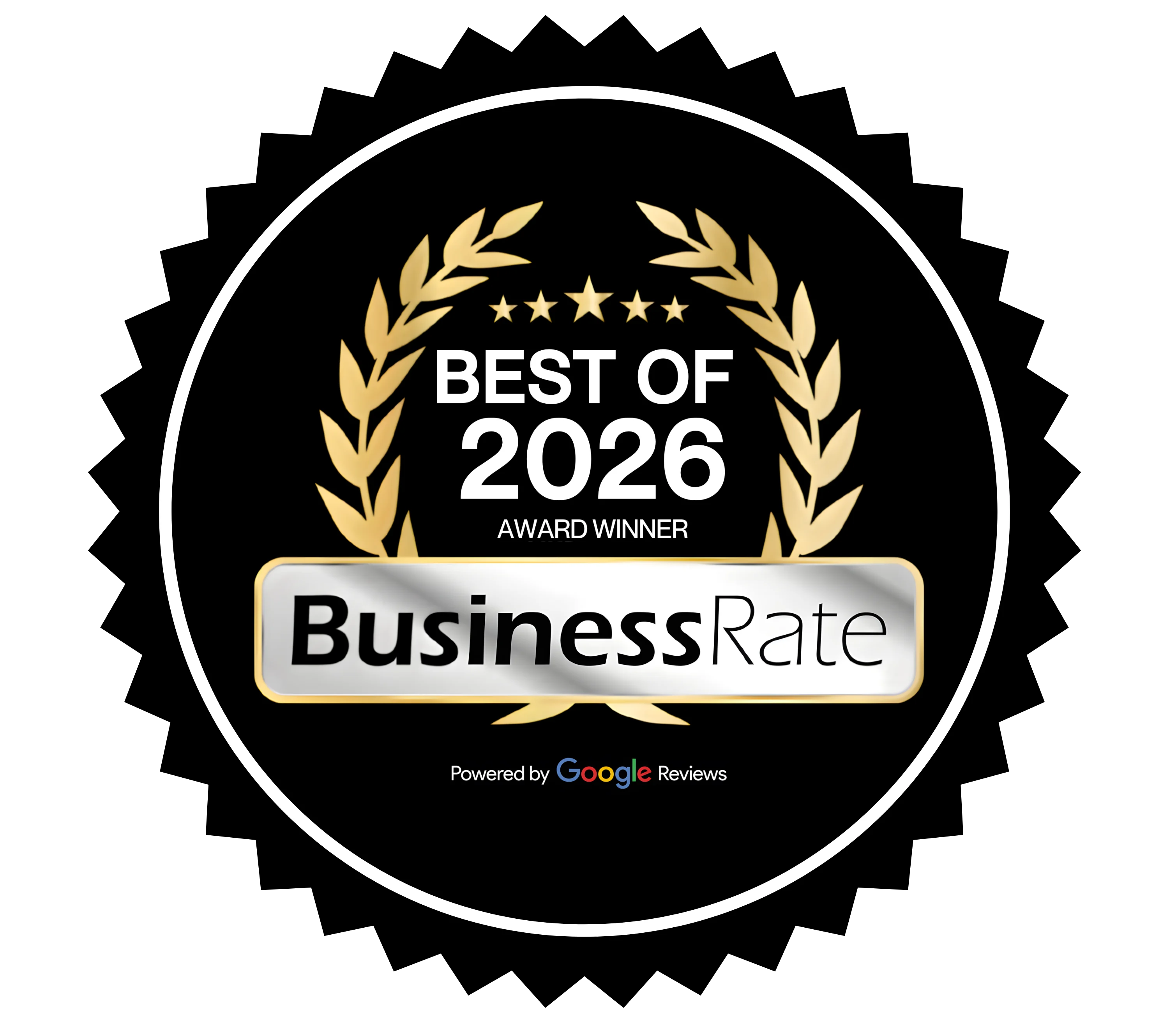 A circular award badge featuring a black background, laurel leaves, and the text 'Best of 2026 Award Winner BusinessRate' with a gold banner and stars above.
